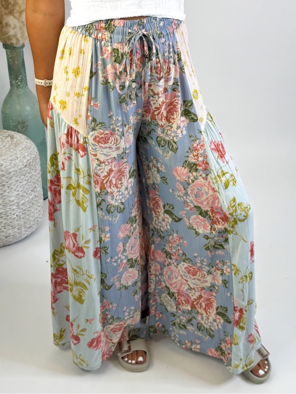 Angie Floral Wide-Leg Palazzo Pants - Blue Floral